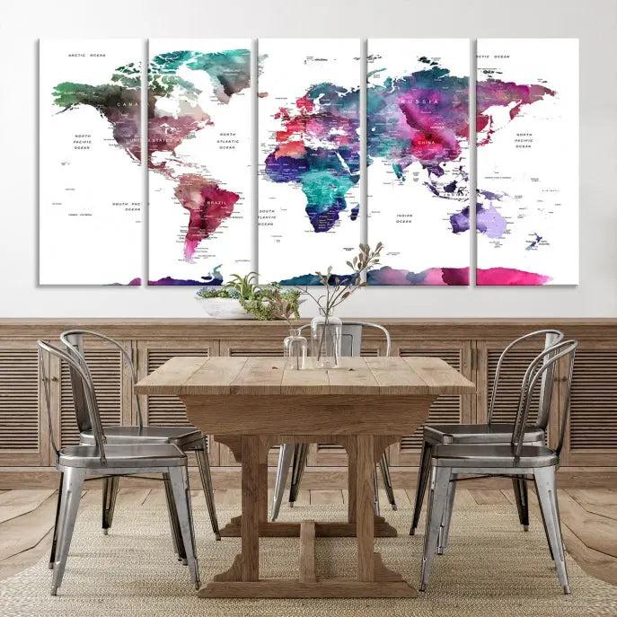 A stunning five-panel Wall Art World Travel Map Canvas Print graces the wall. Designed on museum-quality canvas, it boasts a gallery-wrapped finish and a UV-protective coating to preserve its vivid beauty over time.