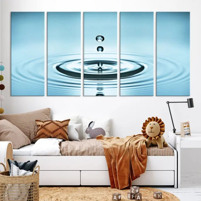 A modern living room showcases a gallery-wrapped triptych of the Water Droplet Wall Art Canvas Print.