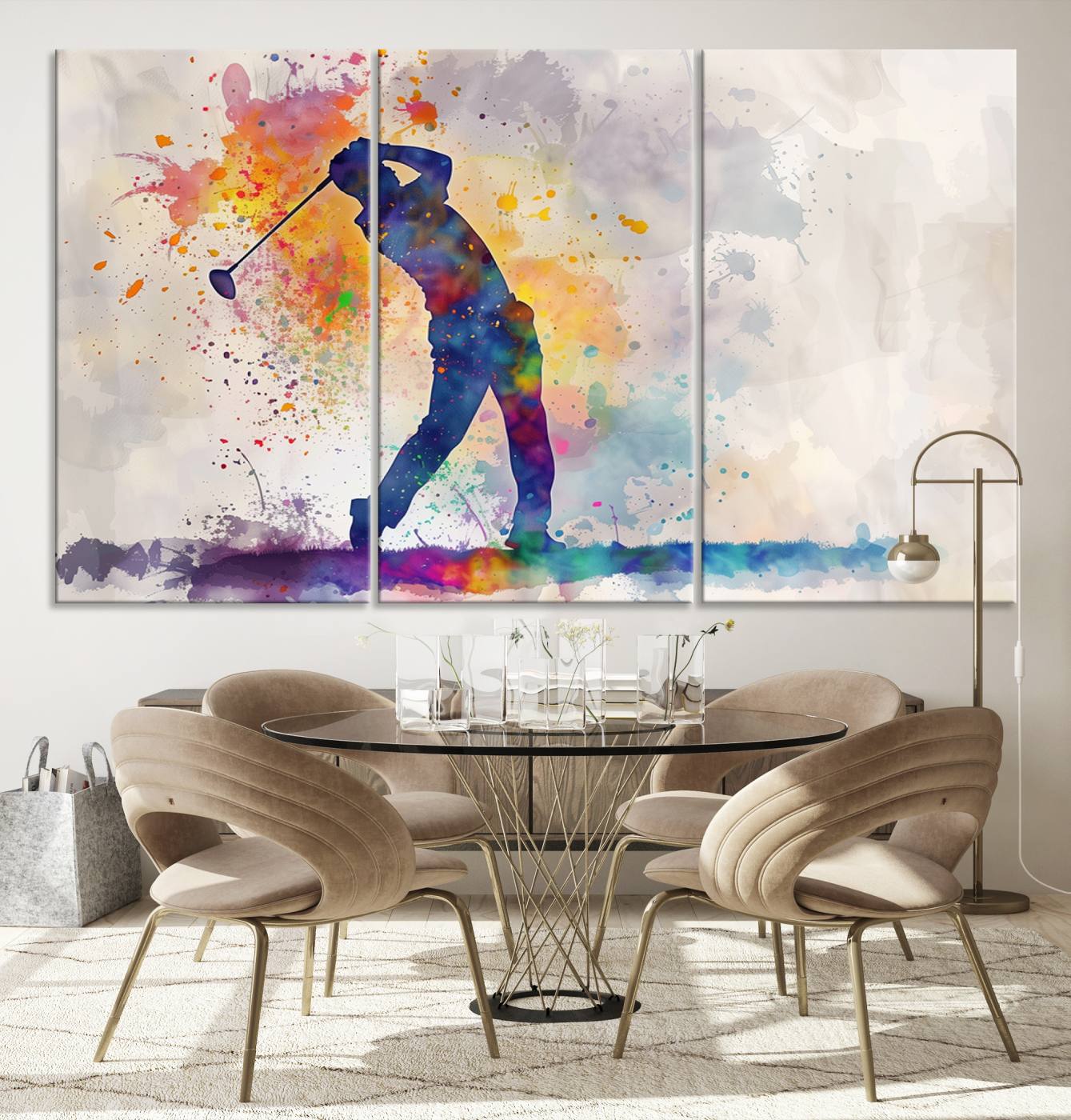 89625-MGV-CV-36X24-Watercolor Golf Swing Wall Art Canvas Print | Vibrant Abstract Golf Player Silhouette | Sports-Inspired Wall Decor for Golf Enthusiasts
