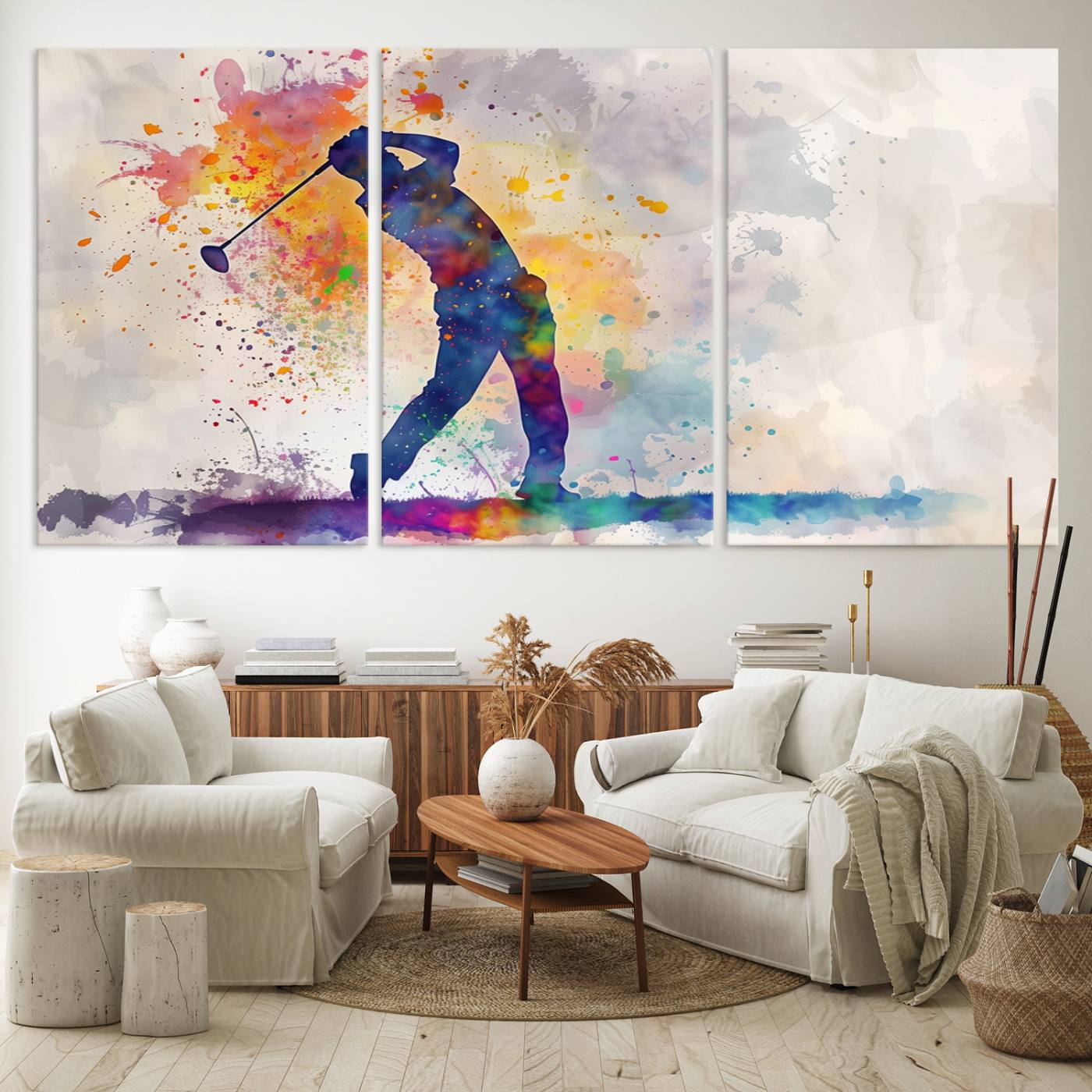 Watercolor Golf Swing Wall Art Canvas Print | Vibrant Abstract Golf Player Silhouette | Sports-Inspired Wall Decor for Golf Enthusiasts