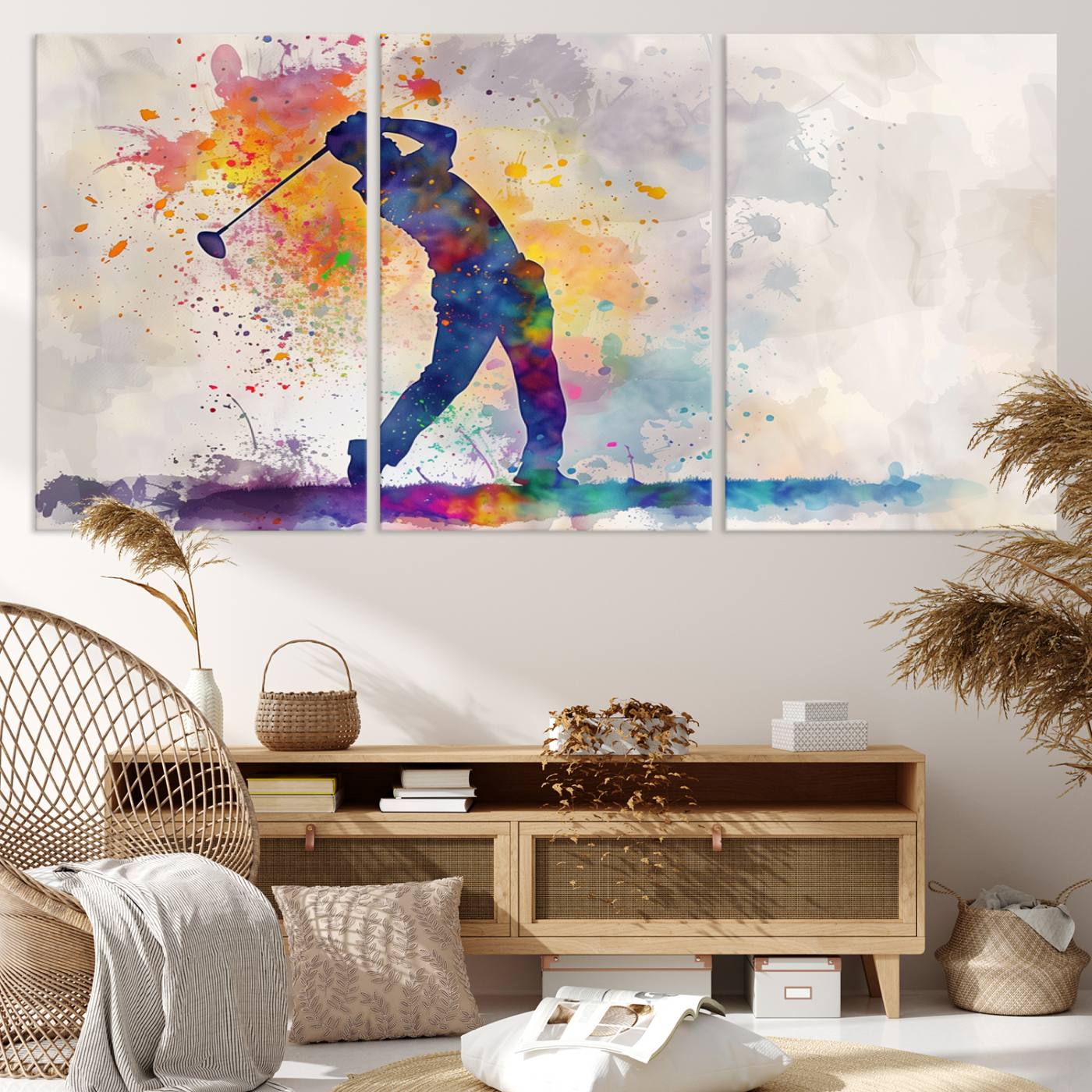 89625-MGV-CV-36X24-Watercolor Golf Swing Wall Art Canvas Print | Vibrant Abstract Golf Player Silhouette | Sports-Inspired Wall Decor for Golf Enthusiasts