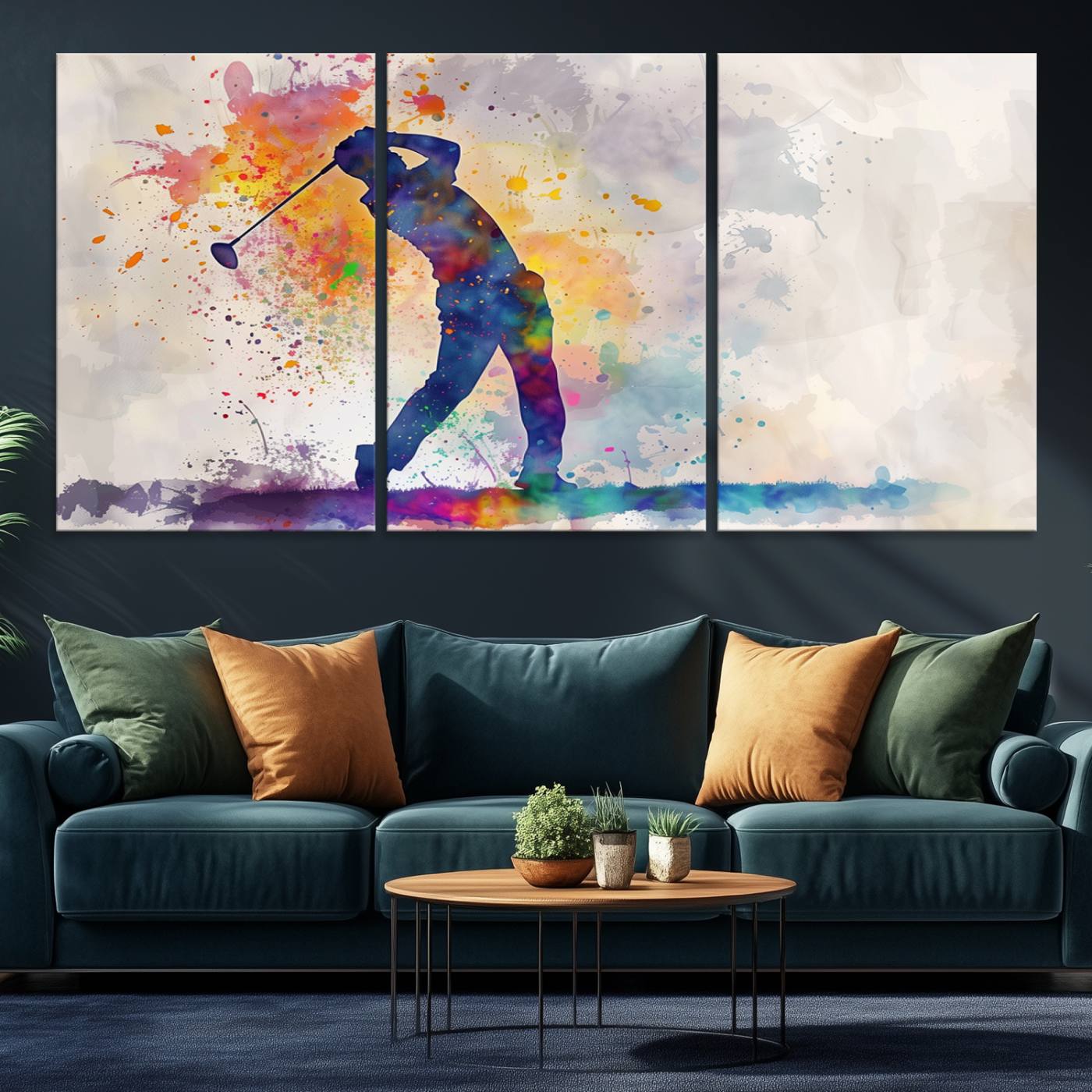 89625-MGV-CV-36X24-Watercolor Golf Swing Wall Art Canvas Print | Vibrant Abstract Golf Player Silhouette | Sports-Inspired Wall Decor for Golf Enthusiasts