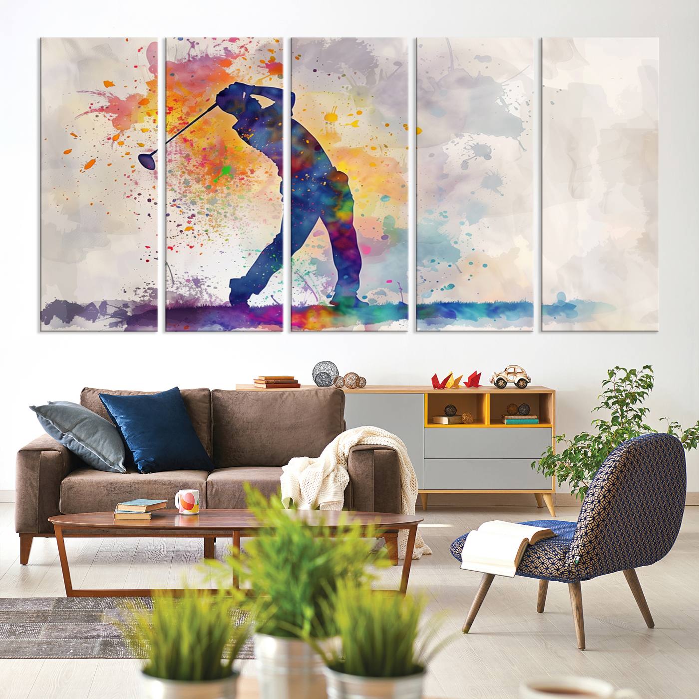 89625-MGV-CV-36X24-Watercolor Golf Swing Wall Art Canvas Print | Vibrant Abstract Golf Player Silhouette | Sports-Inspired Wall Decor for Golf Enthusiasts