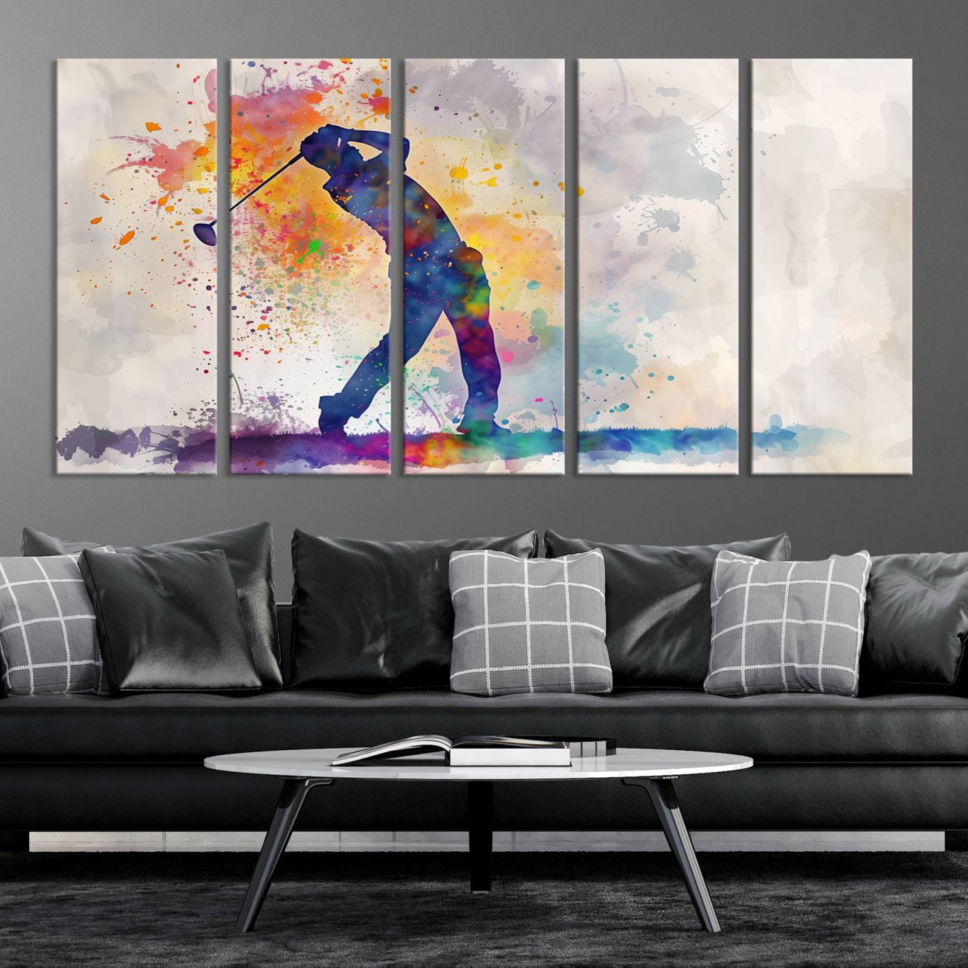 89625-MGV-CV-36X24-Watercolor Golf Swing Wall Art Canvas Print | Vibrant Abstract Golf Player Silhouette | Sports-Inspired Wall Decor for Golf Enthusiasts