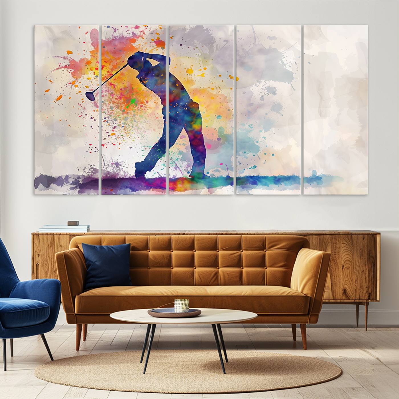 89625-MGV-CV-36X24-Watercolor Golf Swing Wall Art Canvas Print | Vibrant Abstract Golf Player Silhouette | Sports-Inspired Wall Decor for Golf Enthusiasts