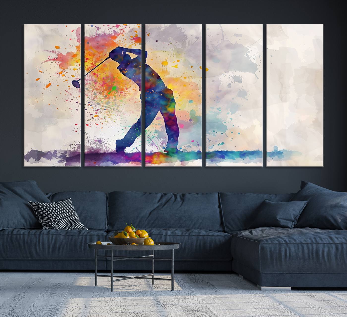 89625-MGV-CV-36X24-Watercolor Golf Swing Wall Art Canvas Print | Vibrant Abstract Golf Player Silhouette | Sports-Inspired Wall Decor for Golf Enthusiasts