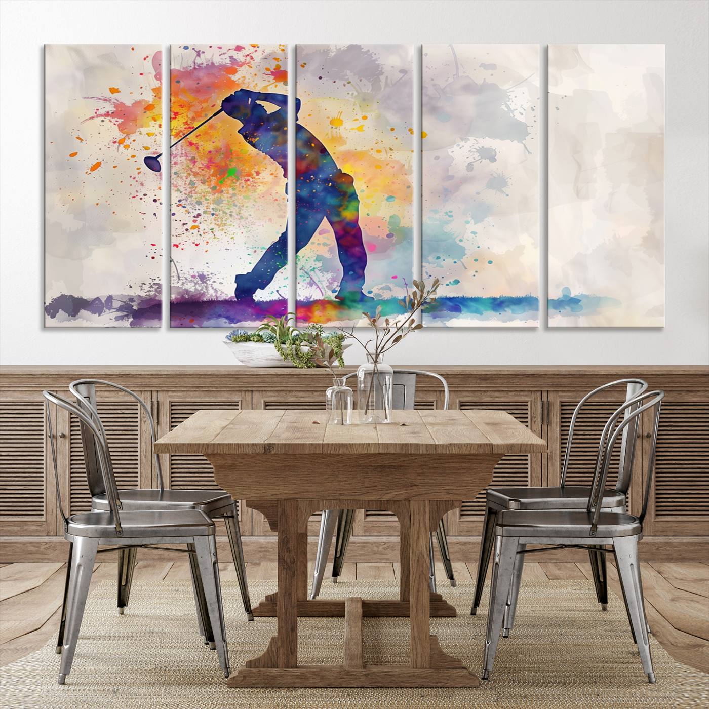 89625-MGV-CV-36X24-Watercolor Golf Swing Wall Art Canvas Print | Vibrant Abstract Golf Player Silhouette | Sports-Inspired Wall Decor for Golf Enthusiasts