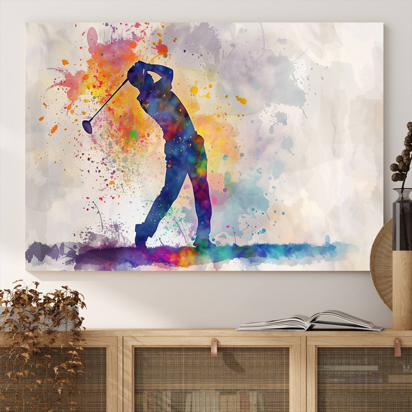 Watercolor Golf Swing Wall Art Canvas Print | Vibrant Abstract Golf Player Silhouette | Sports-Inspired Wall Decor for Golf Enthusiasts