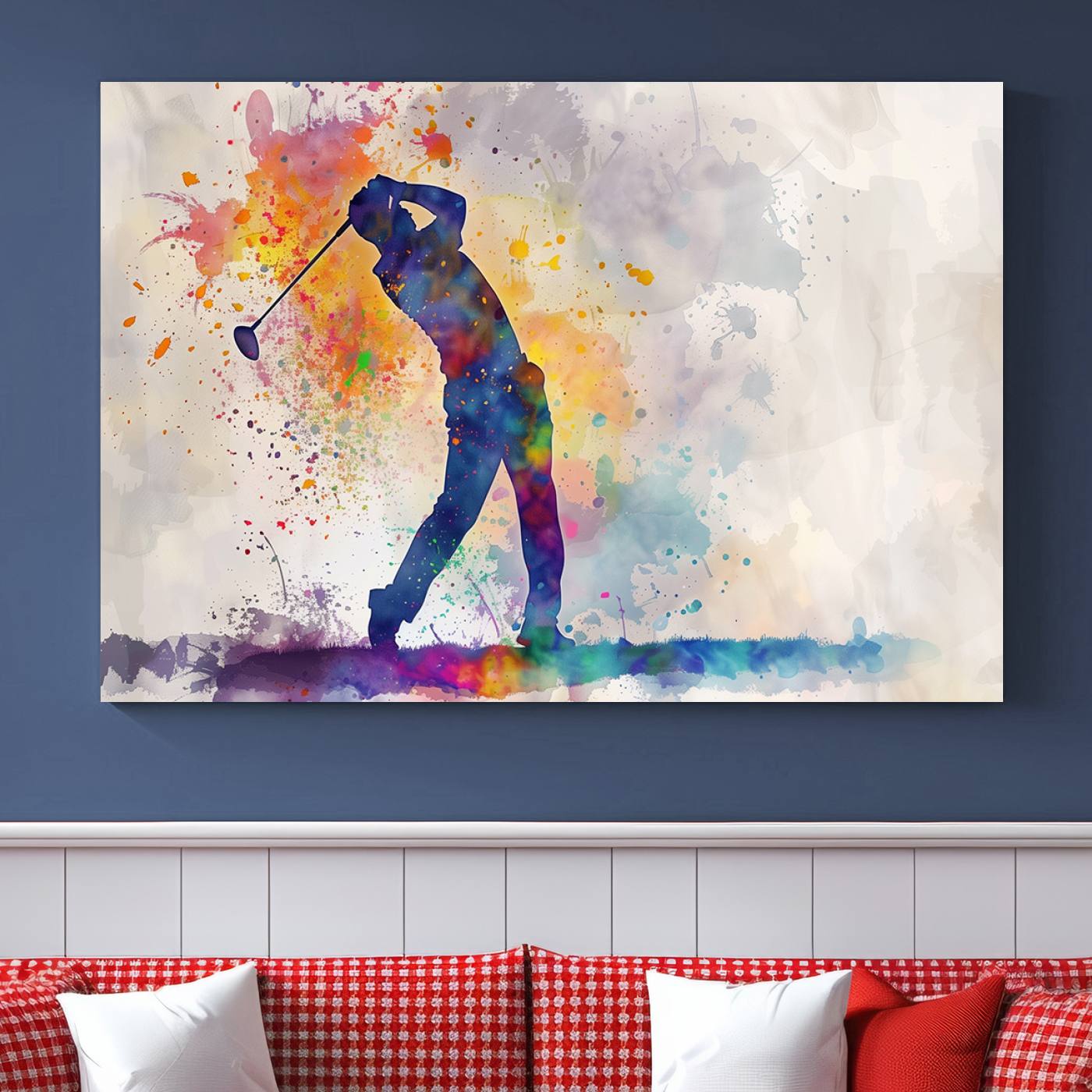 Watercolor Golf Swing Wall Art Canvas Print | Vibrant Abstract Golf Player Silhouette | Sports-Inspired Wall Decor for Golf Enthusiasts