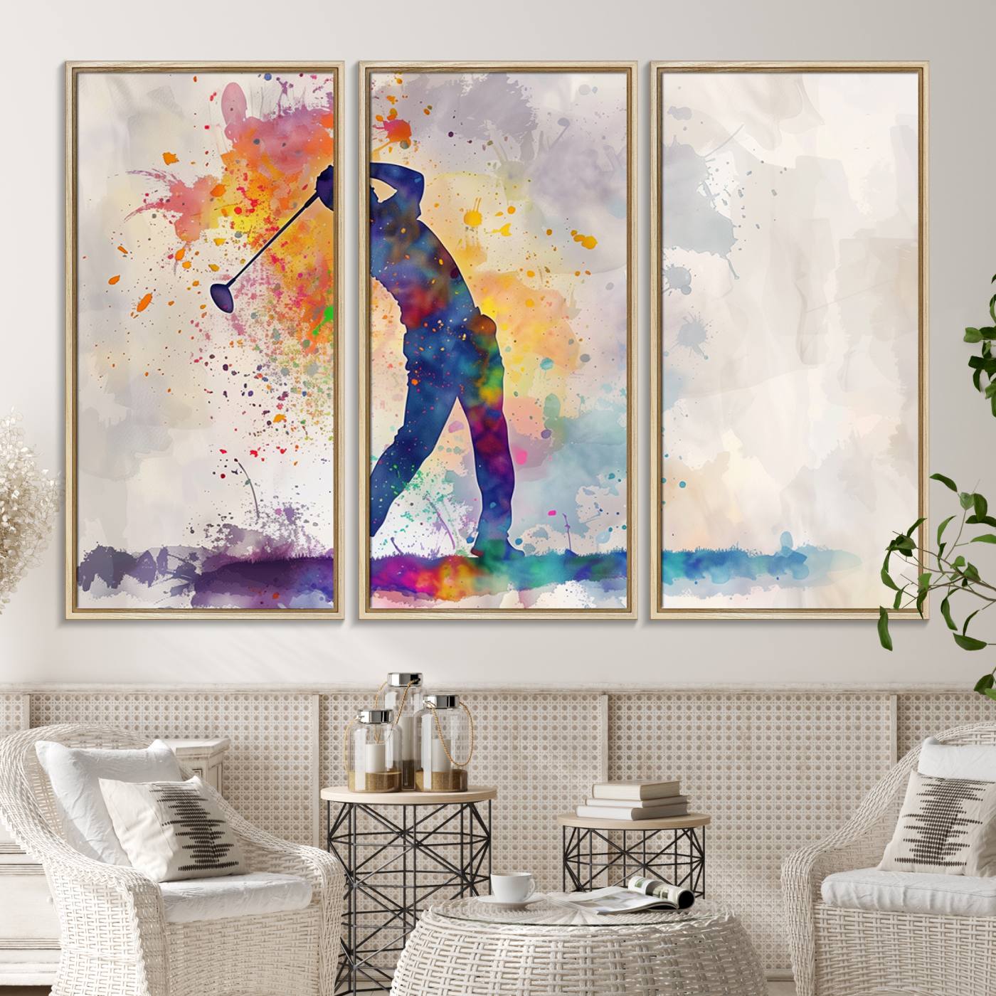 89625-MGV-CV-36X24-Watercolor Golf Swing Wall Art Canvas Print | Vibrant Abstract Golf Player Silhouette | Sports-Inspired Wall Decor for Golf Enthusiasts