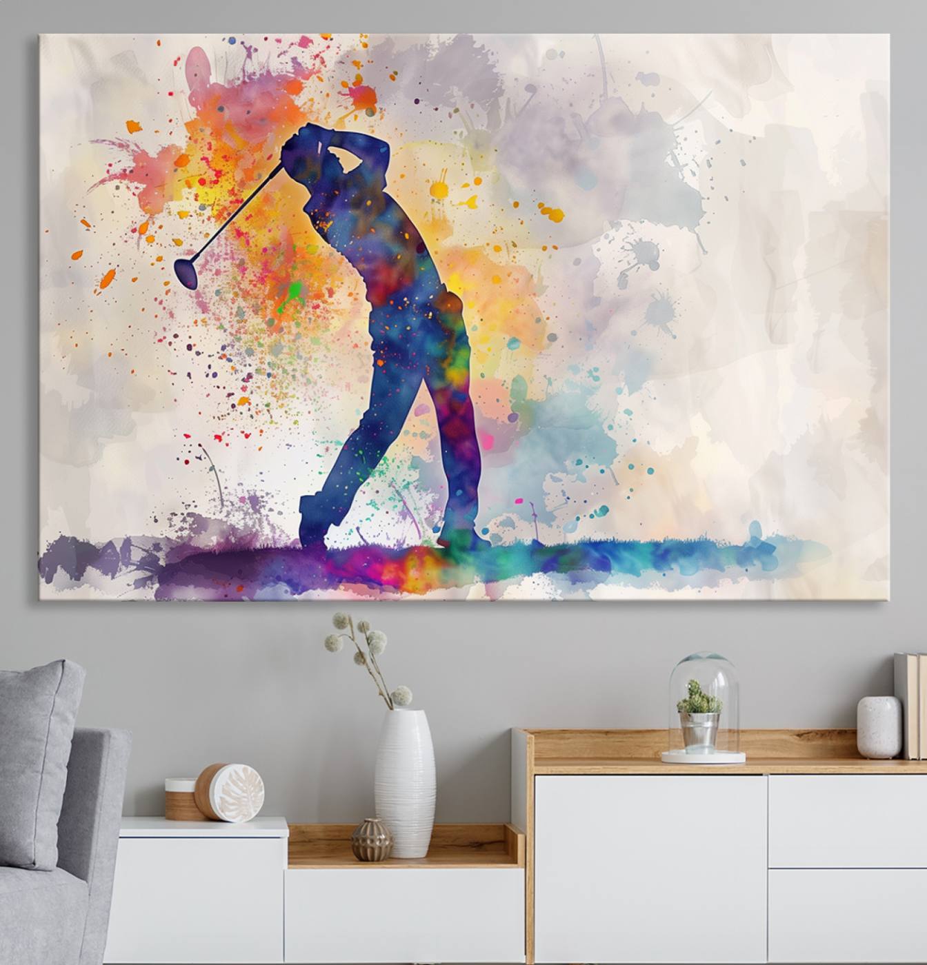 89625-MGV-CV-36X24-Watercolor Golf Swing Wall Art Canvas Print | Vibrant Abstract Golf Player Silhouette | Sports-Inspired Wall Decor for Golf Enthusiasts