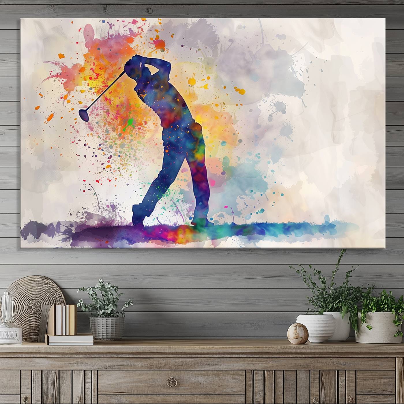 Watercolor Golf Swing Wall Art Canvas Print | Vibrant Abstract Golf Player Silhouette | Sports-Inspired Wall Decor for Golf Enthusiasts