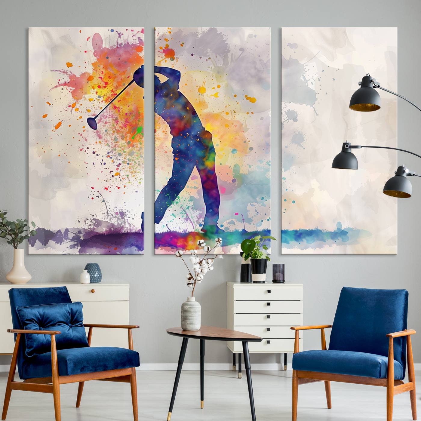 Watercolor Golf Swing Wall Art Canvas Print | Vibrant Abstract Golf Player Silhouette | Sports-Inspired Wall Decor for Golf Enthusiasts