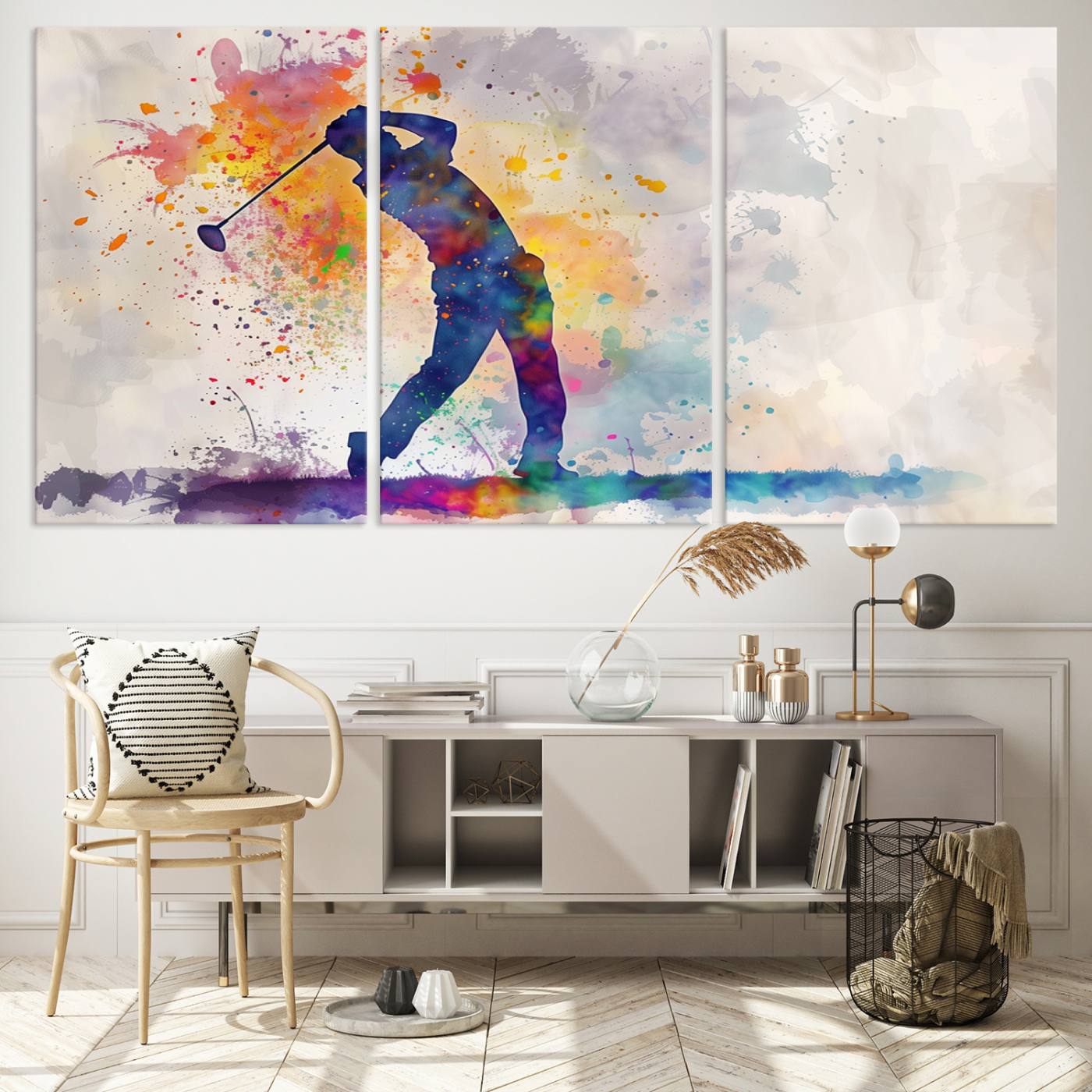 Watercolor Golf Swing Wall Art Canvas Print | Vibrant Abstract Golf Player Silhouette | Sports-Inspired Wall Decor for Golf Enthusiasts
