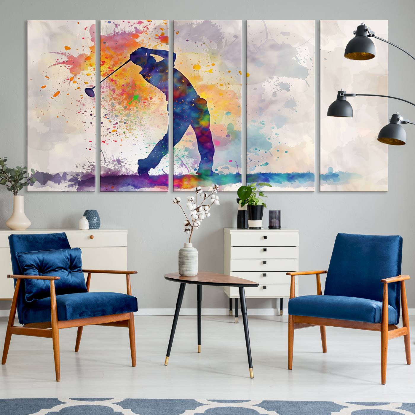 89625-MGV-CV-60X31-5P-Watercolor Golf Swing Wall Art Canvas Print | Vibrant Abstract Golf Player Silhouette | Sports-Inspired Wall Decor for Golf Enthusiasts