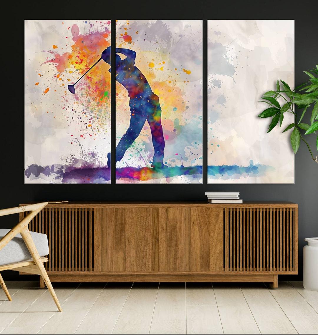 Watercolor Golf Swing Wall Art Canvas Print | Vibrant Abstract Golf Player Silhouette | Sports-Inspired Wall Decor for Golf Enthusiasts