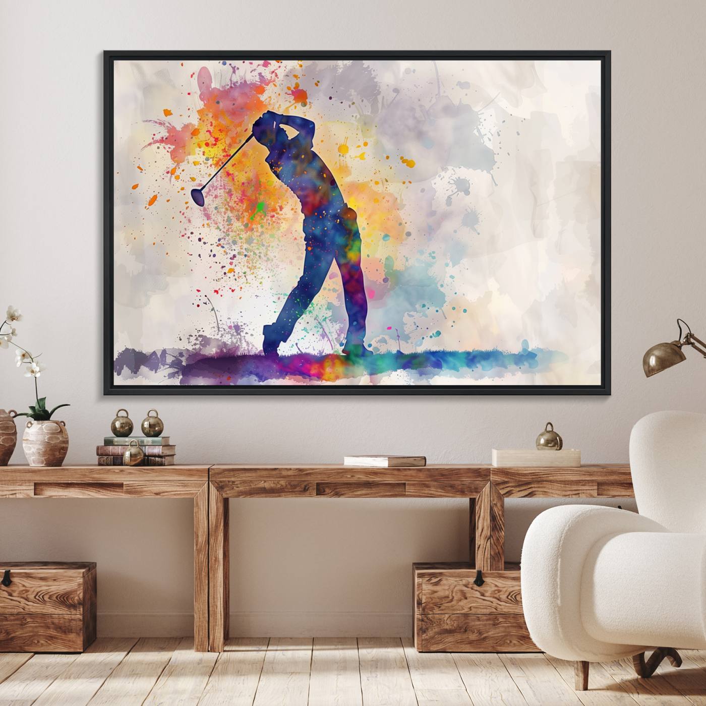 89625-MGV-FC-36X24_Black-Watercolor Golf Swing Wall Art Canvas Print | Vibrant Abstract Golf Player Silhouette | Sports-Inspired Wall Decor for Golf Enthusiasts