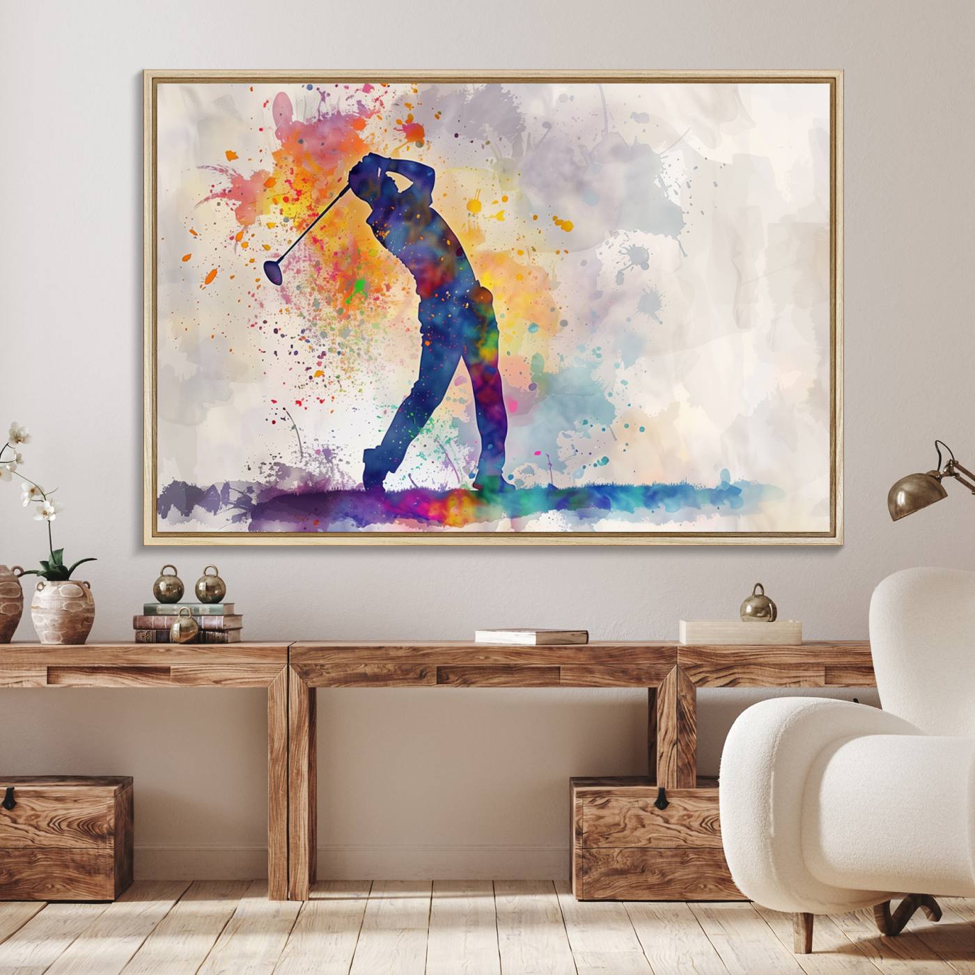 89625-MGV-FC-36X24_Natural-Watercolor Golf Swing Wall Art Canvas Print | Vibrant Abstract Golf Player Silhouette | Sports-Inspired Wall Decor for Golf Enthusiasts