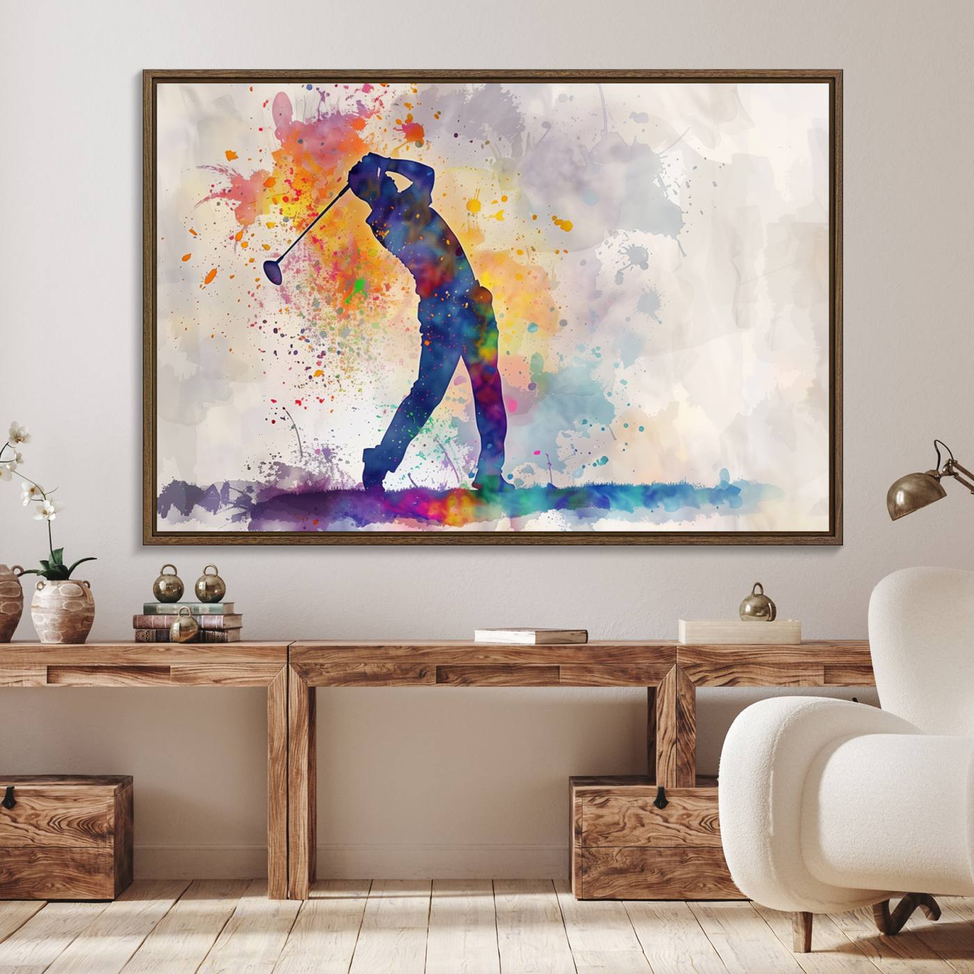 89625-MGV-FC-36X24_Walnut-Watercolor Golf Swing Wall Art Canvas Print | Vibrant Abstract Golf Player Silhouette | Sports-Inspired Wall Decor for Golf Enthusiasts