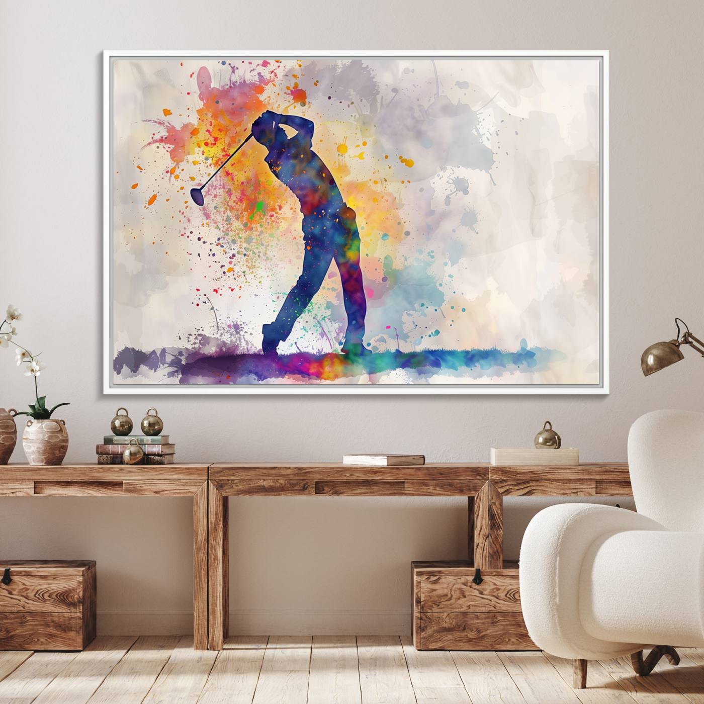 89625-MGV-FC-36X24_White-Watercolor Golf Swing Wall Art Canvas Print | Vibrant Abstract Golf Player Silhouette | Sports-Inspired Wall Decor for Golf Enthusiasts
