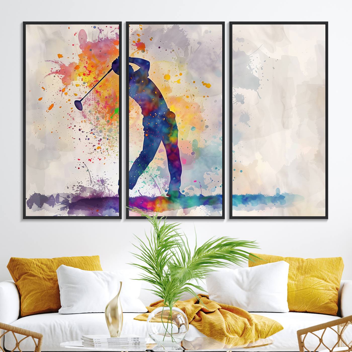 89625-MGV-FC-48X32-3P_Black-Watercolor Golf Swing Wall Art Canvas Print | Vibrant Abstract Golf Player Silhouette | Sports-Inspired Wall Decor for Golf Enthusiasts