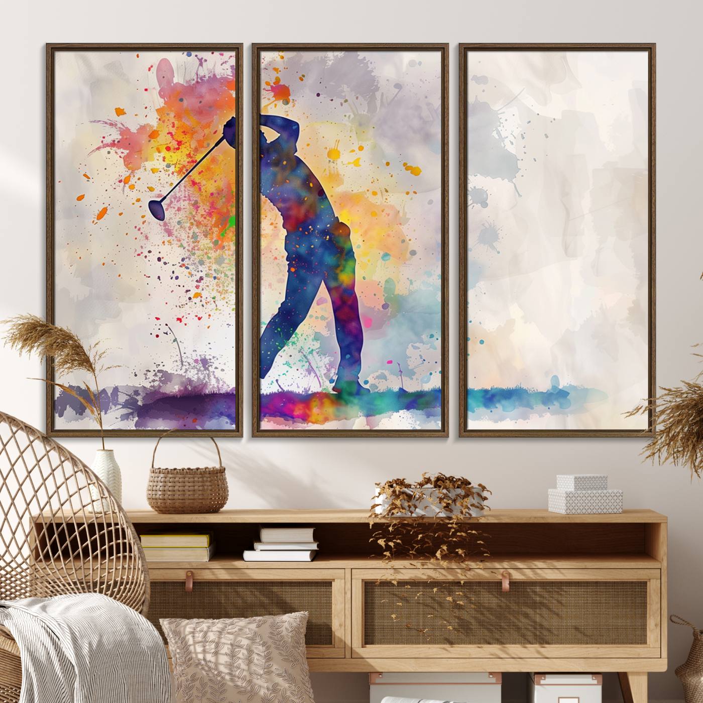 89625-MGV-FC-48X32-3P_Walnut-Watercolor Golf Swing Wall Art Canvas Print | Vibrant Abstract Golf Player Silhouette | Sports-Inspired Wall Decor for Golf Enthusiasts