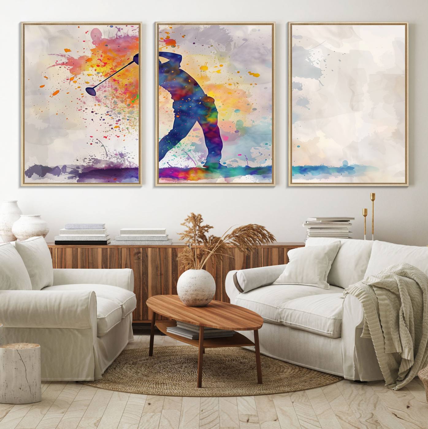 89625-MGV-FC-60X30-3P_Natural-Watercolor Golf Swing Wall Art Canvas Print | Vibrant Abstract Golf Player Silhouette | Sports-Inspired Wall Decor for Golf Enthusiasts