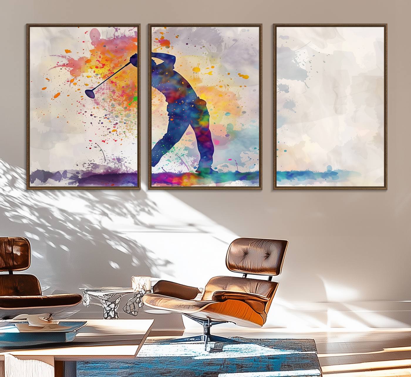 89625-MGV-FC-60X30-3P_Walnut-Watercolor Golf Swing Wall Art Canvas Print | Vibrant Abstract Golf Player Silhouette | Sports-Inspired Wall Decor for Golf Enthusiasts