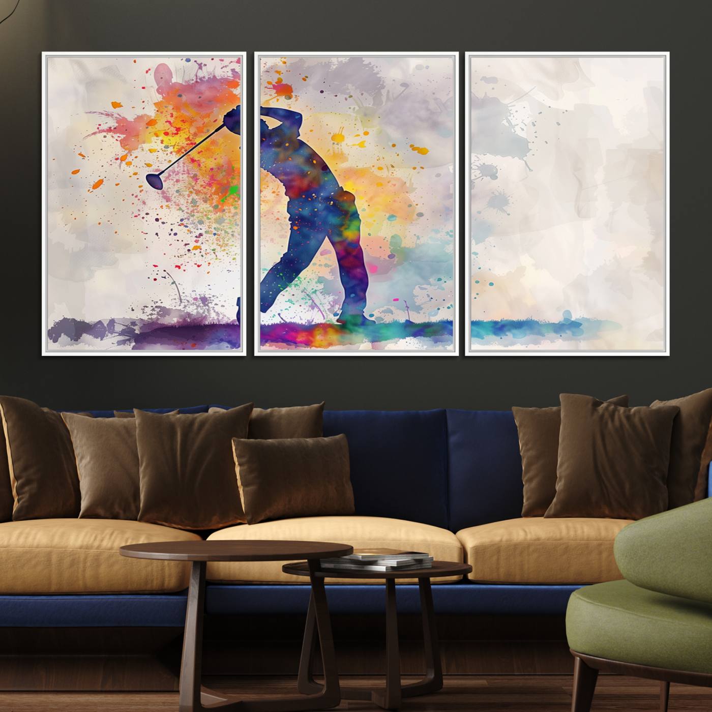 89625-MGV-FC-60X30-3P_White-Watercolor Golf Swing Wall Art Canvas Print | Vibrant Abstract Golf Player Silhouette | Sports-Inspired Wall Decor for Golf Enthusiasts