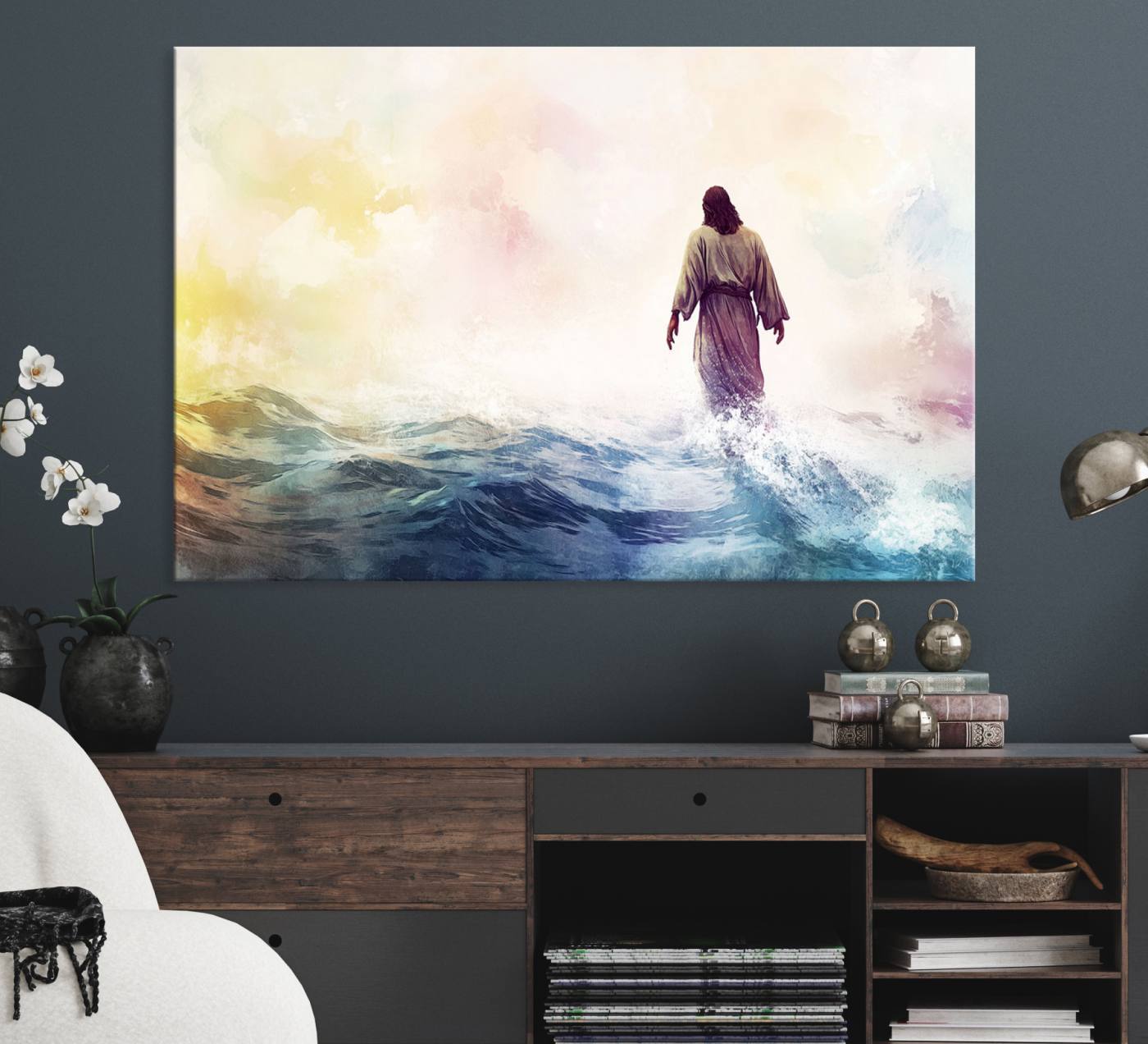 Watercolor Jesus Walking on Water Canvas Print, Christian Wall Art, Jesus Christ Walking