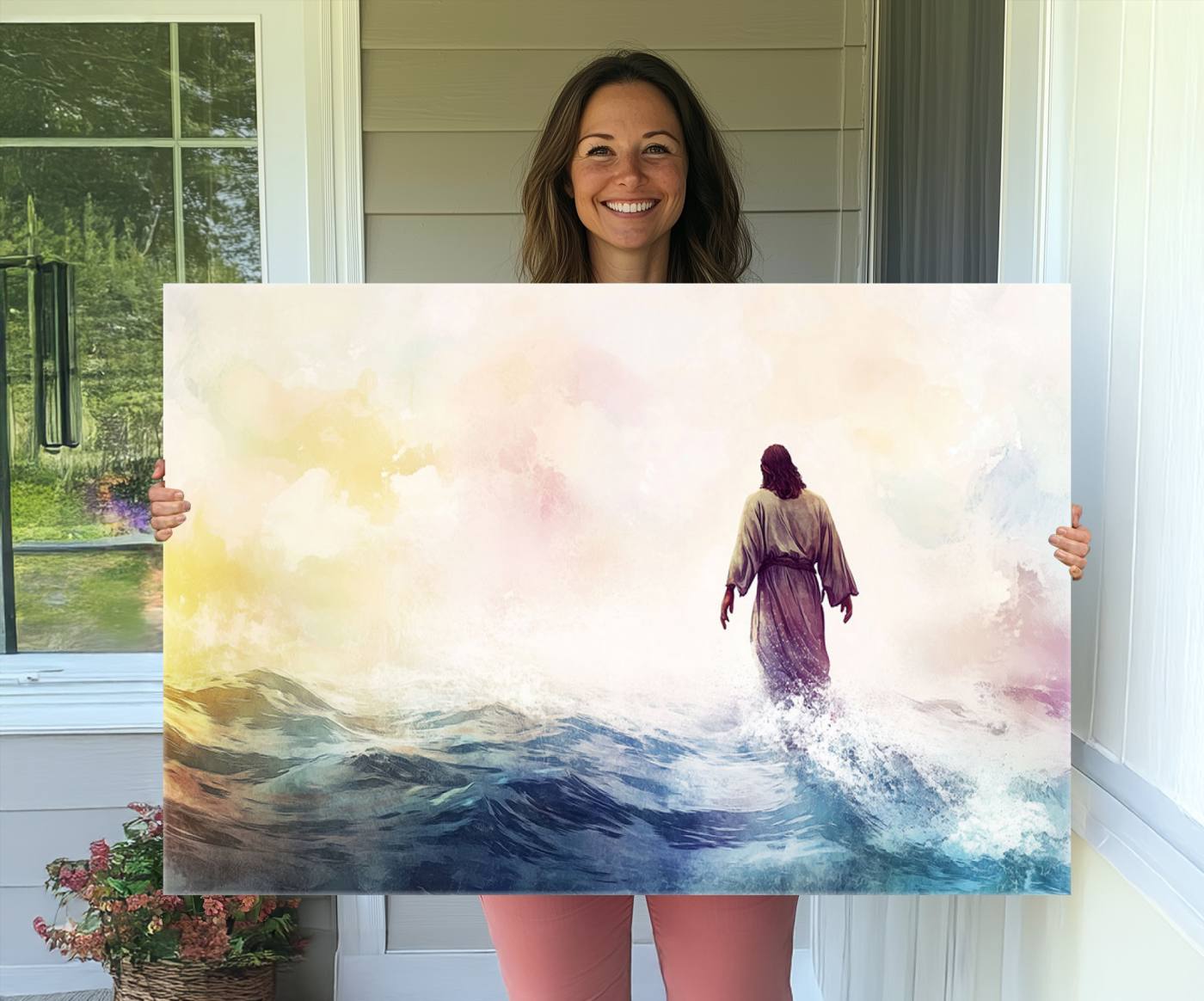 Watercolor Jesus Walking on Water Canvas Print, Christian Wall Art, Jesus Christ Walking