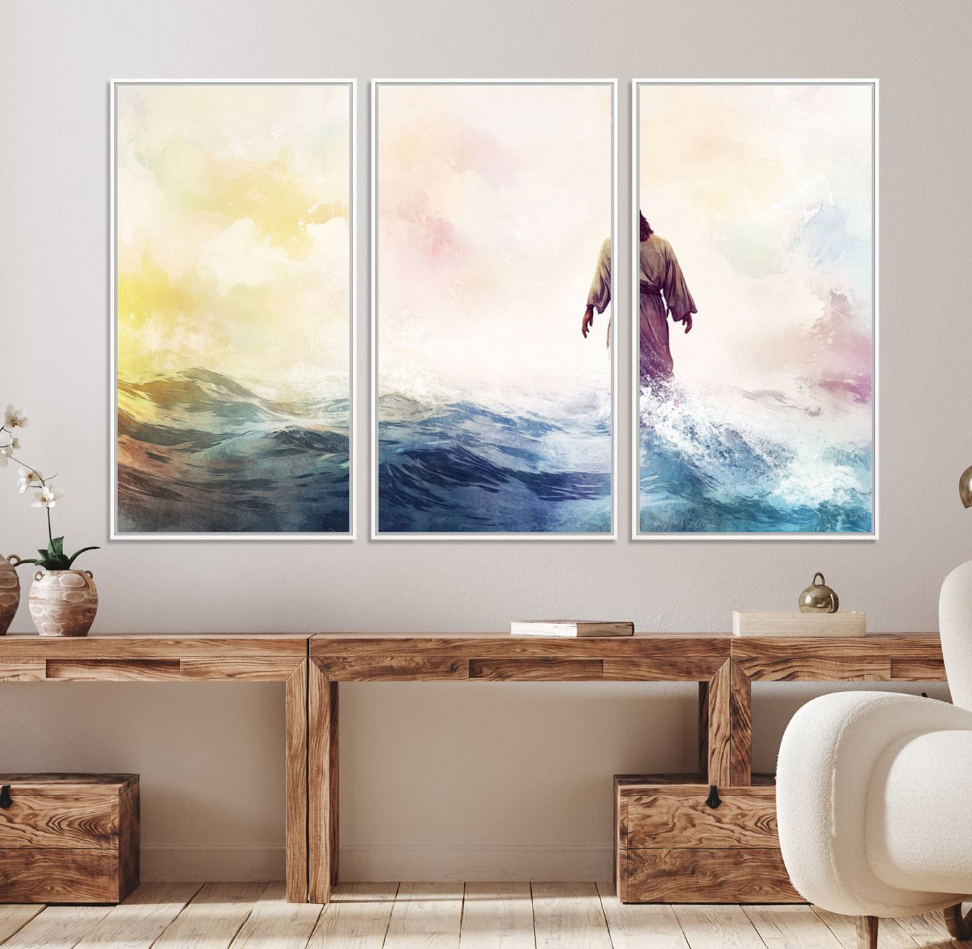60356-MGV-CV-36X24-Watercolor Jesus Walking on Water Canvas Print, Christian Wall Art, Jesus Christ Walking