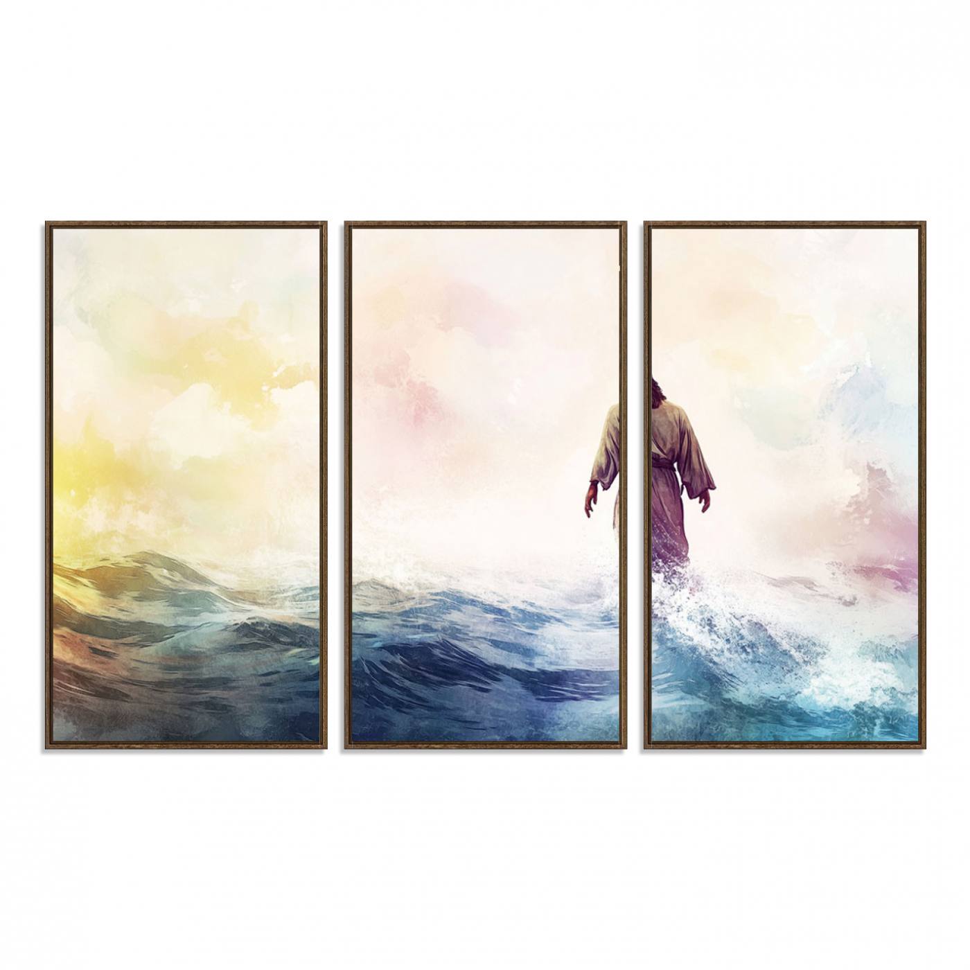60356-MGV-FC-48X32-3P_Walnut-Watercolor Jesus Walking on Water Canvas Print, Christian Wall Art, Jesus Christ Walking