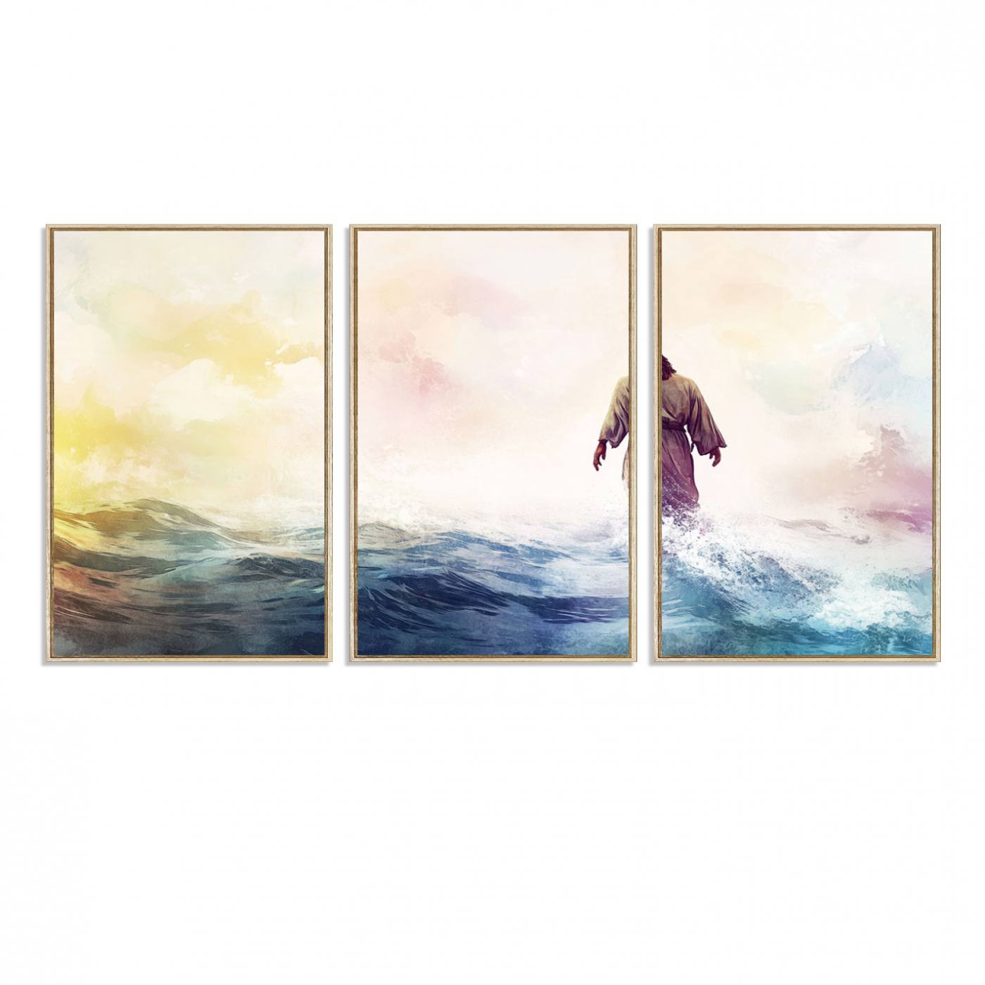 60356-MGV-FC-60X30-3P_Natural-Watercolor Jesus Walking on Water Canvas Print, Christian Wall Art, Jesus Christ Walking