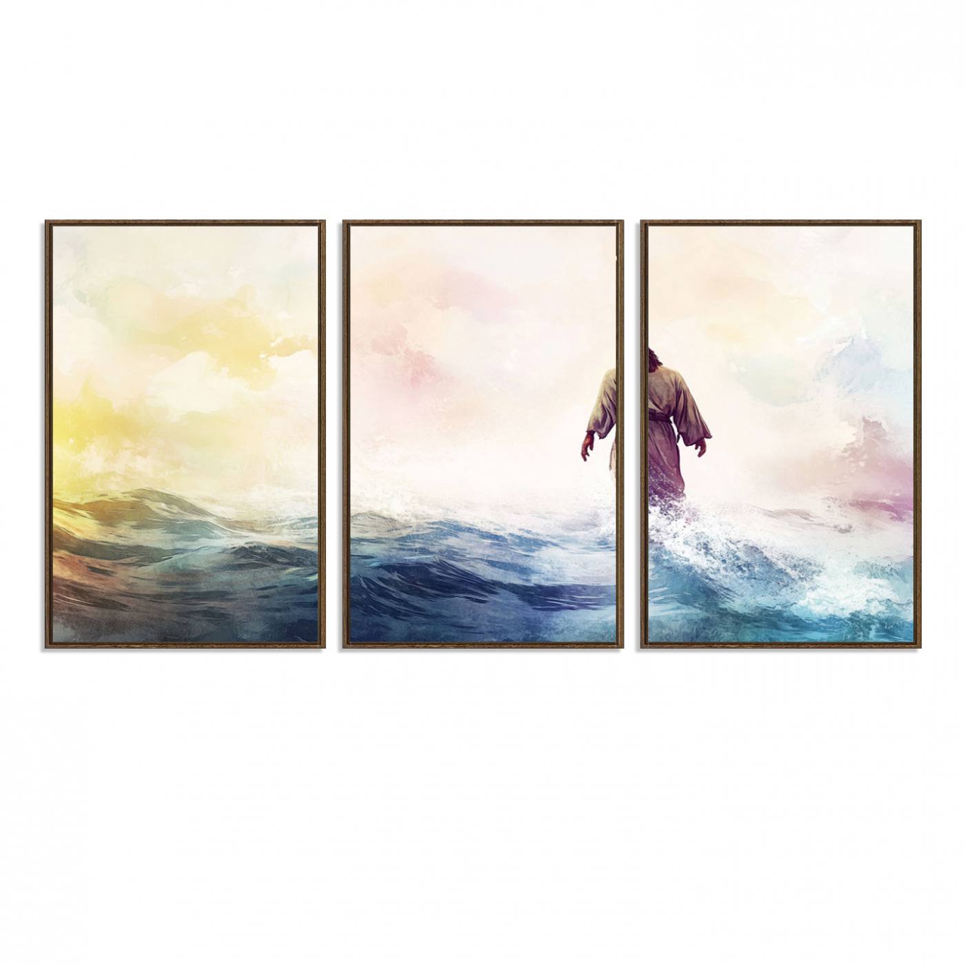 60356-MGV-FC-60X30-3P_Walnut-Watercolor Jesus Walking on Water Canvas Print, Christian Wall Art, Jesus Christ Walking