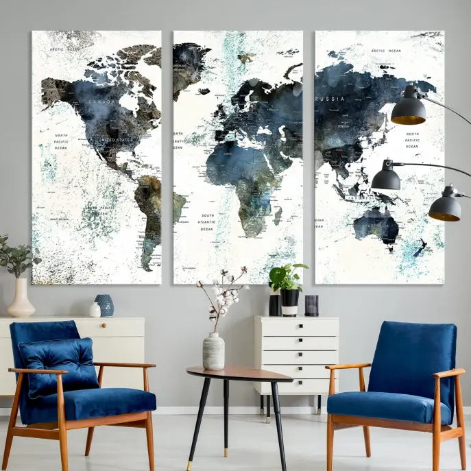 The "Watercolor Push Pin World Map Wall Art Canvas Print" displayed on the wall is a triptych crafted with museum-quality canvases. It contributes to the elegant ambiance with its modern and minimalist decor, featuring a UV-protective coating to maintain its vibrant allure.