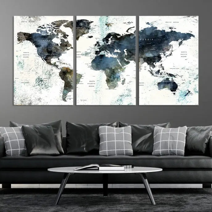 The "Watercolor Push Pin World Map Wall Art Canvas Print" displayed on the wall is a triptych crafted with museum-quality canvases. It contributes to the elegant ambiance with its modern and minimalist decor, featuring a UV-protective coating to maintain its vibrant allure.