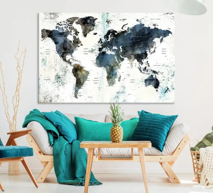 The "Watercolor Push Pin World Map Wall Art Canvas Print" displayed on the wall is a triptych crafted with museum-quality canvases. It contributes to the elegant ambiance with its modern and minimalist decor, featuring a UV-protective coating to maintain its vibrant allure.