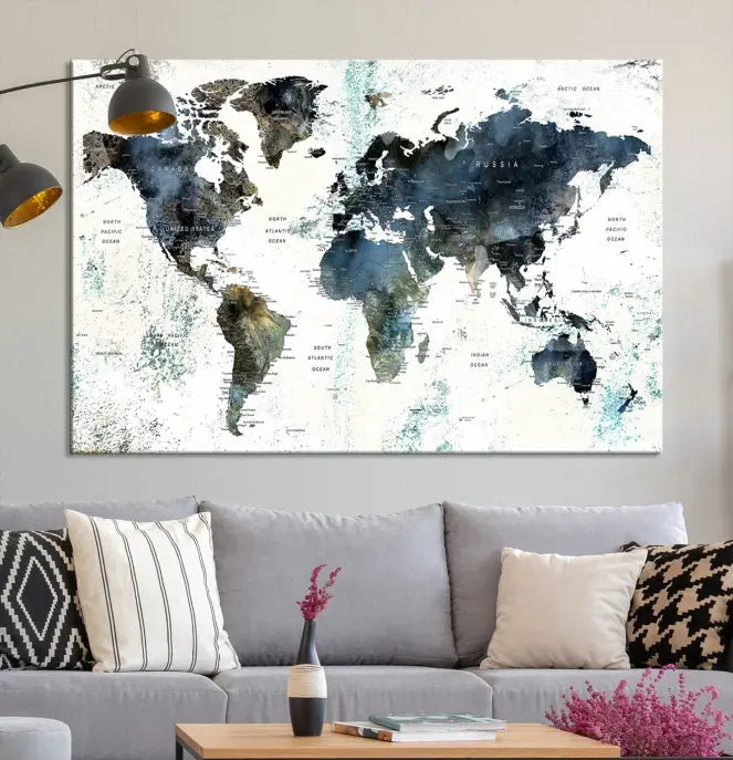 The "Watercolor Push Pin World Map Wall Art Canvas Print" displayed on the wall is a triptych crafted with museum-quality canvases. It contributes to the elegant ambiance with its modern and minimalist decor, featuring a UV-protective coating to maintain its vibrant allure.