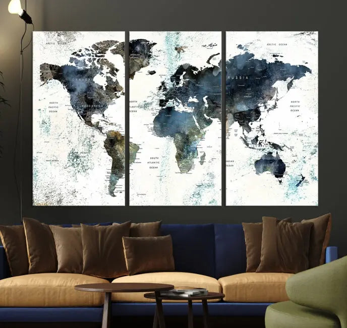 The "Watercolor Push Pin World Map Wall Art Canvas Print" displayed on the wall is a triptych crafted with museum-quality canvases. It contributes to the elegant ambiance with its modern and minimalist decor, featuring a UV-protective coating to maintain its vibrant allure.