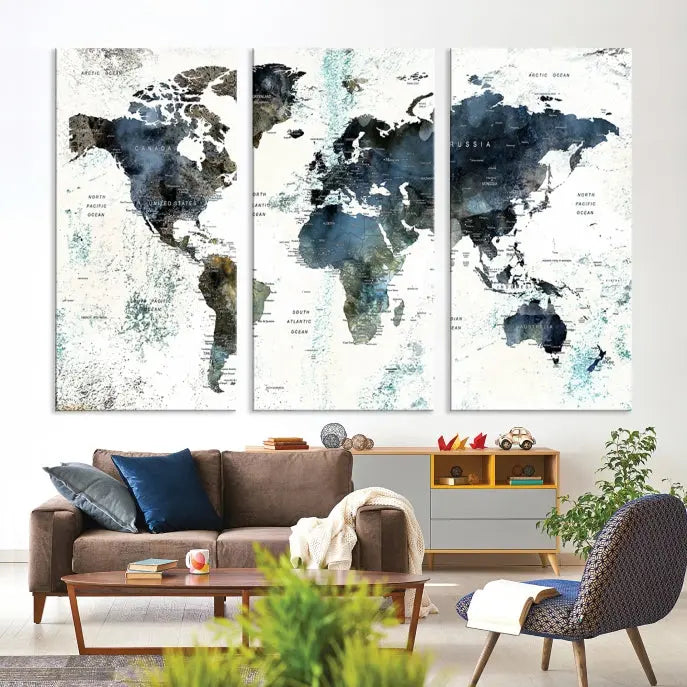 The "Watercolor Push Pin World Map Wall Art Canvas Print" displayed on the wall is a triptych crafted with museum-quality canvases. It contributes to the elegant ambiance with its modern and minimalist decor, featuring a UV-protective coating to maintain its vibrant allure.