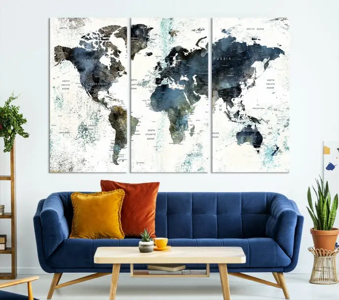 The "Watercolor Push Pin World Map Wall Art Canvas Print" displayed on the wall is a triptych crafted with museum-quality canvases. It contributes to the elegant ambiance with its modern and minimalist decor, featuring a UV-protective coating to maintain its vibrant allure.