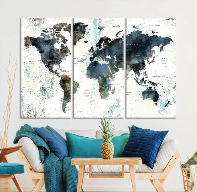 The "Watercolor Push Pin World Map Wall Art Canvas Print" displayed on the wall is a triptych crafted with museum-quality canvases. It contributes to the elegant ambiance with its modern and minimalist decor, featuring a UV-protective coating to maintain its vibrant allure.