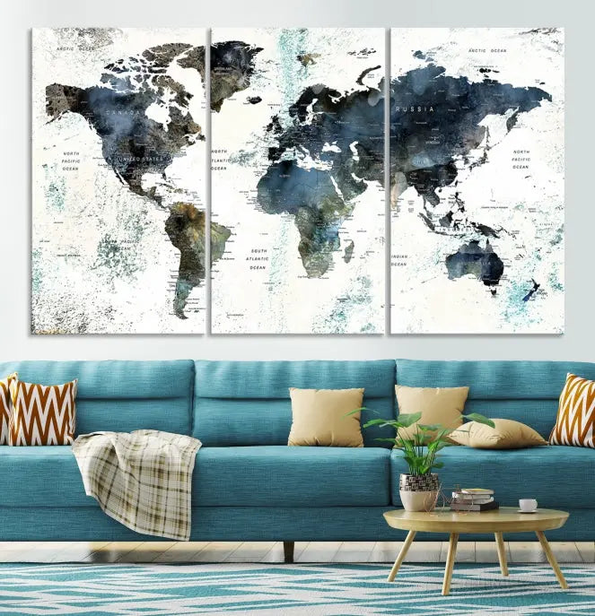 The "Watercolor Push Pin World Map Wall Art Canvas Print" displayed on the wall is a triptych crafted with museum-quality canvases. It contributes to the elegant ambiance with its modern and minimalist decor, featuring a UV-protective coating to maintain its vibrant allure.