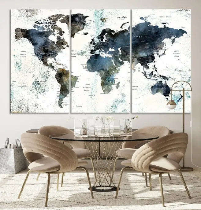 The "Watercolor Push Pin World Map Wall Art Canvas Print" displayed on the wall is a triptych crafted with museum-quality canvases. It contributes to the elegant ambiance with its modern and minimalist decor, featuring a UV-protective coating to maintain its vibrant allure.