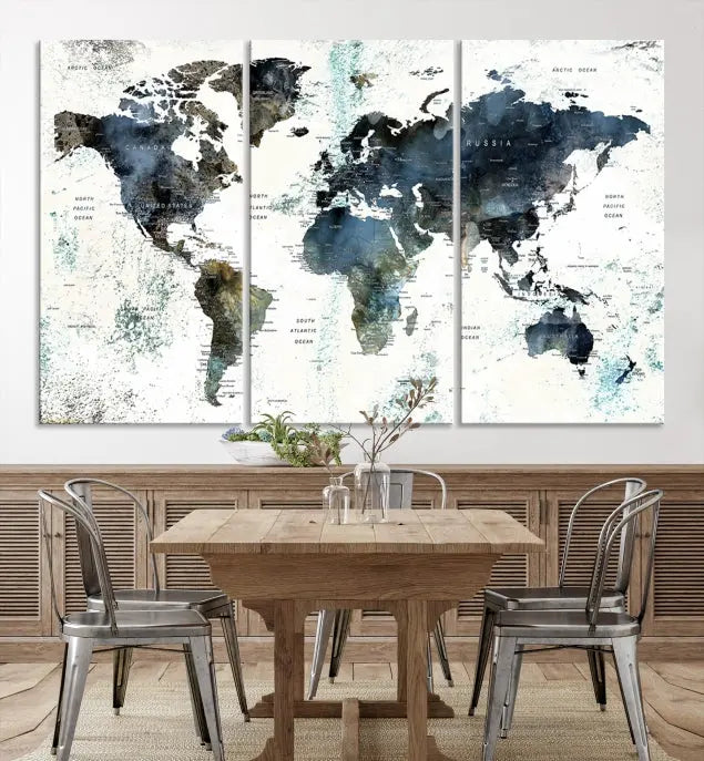 The "Watercolor Push Pin World Map Wall Art Canvas Print" displayed on the wall is a triptych crafted with museum-quality canvases. It contributes to the elegant ambiance with its modern and minimalist decor, featuring a UV-protective coating to maintain its vibrant allure.