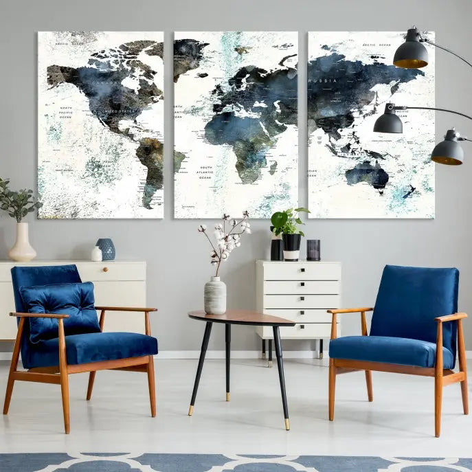 The "Watercolor Push Pin World Map Wall Art Canvas Print" displayed on the wall is a triptych crafted with museum-quality canvases. It contributes to the elegant ambiance with its modern and minimalist decor, featuring a UV-protective coating to maintain its vibrant allure.