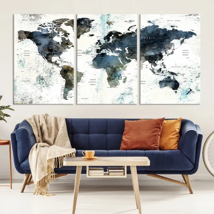 The "Watercolor Push Pin World Map Wall Art Canvas Print" displayed on the wall is a triptych crafted with museum-quality canvases. It contributes to the elegant ambiance with its modern and minimalist decor, featuring a UV-protective coating to maintain its vibrant allure.