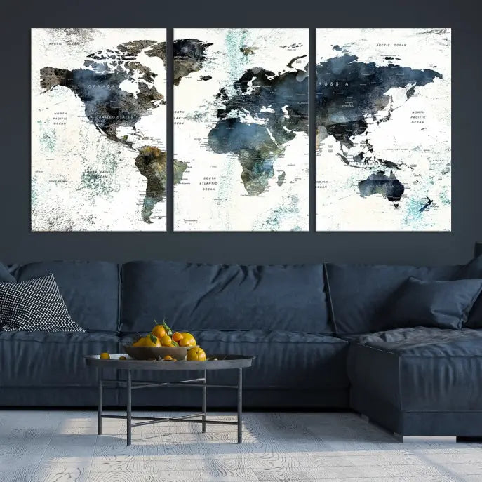 The "Watercolor Push Pin World Map Wall Art Canvas Print" displayed on the wall is a triptych crafted with museum-quality canvases. It contributes to the elegant ambiance with its modern and minimalist decor, featuring a UV-protective coating to maintain its vibrant allure.