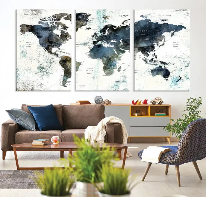 The "Watercolor Push Pin World Map Wall Art Canvas Print" displayed on the wall is a triptych crafted with museum-quality canvases. It contributes to the elegant ambiance with its modern and minimalist decor, featuring a UV-protective coating to maintain its vibrant allure.